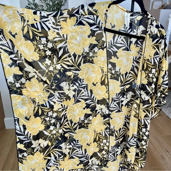 NWT Per Seption Concept Floral Kimono Cardigan XL Yellow Black Open Front Boho - Picture 4 of 9